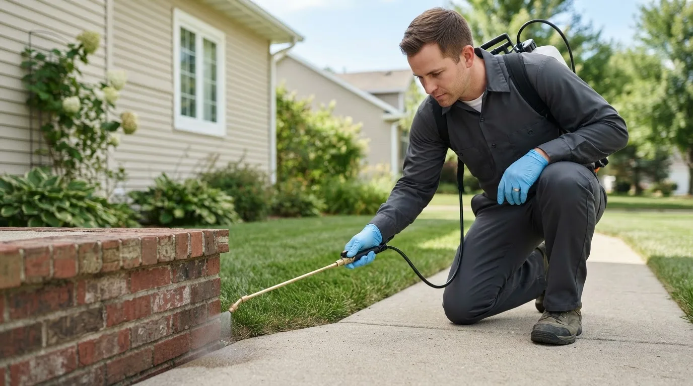 Pest control technician treating a home near Arlington, MA